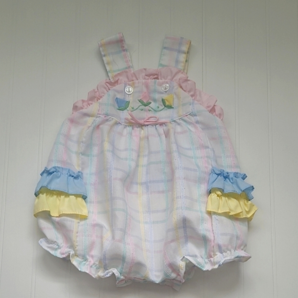 Vintage Pastel Plaid Baby Romper With Ruffles And Tulips, See Photos For Size